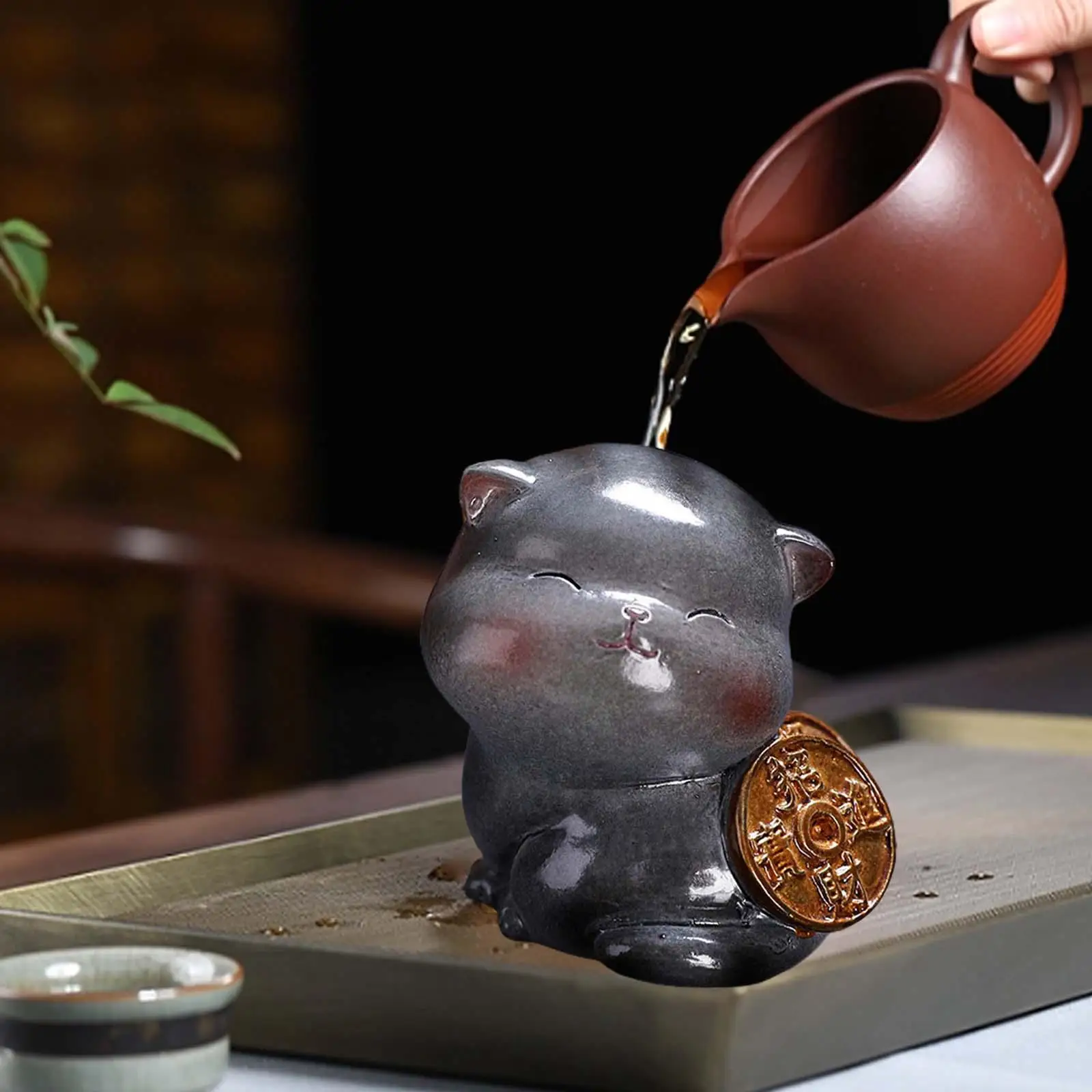Tea Pet Cat, Tea Lovers Gift Lucky Cat Figurine for Bonsai Office Table