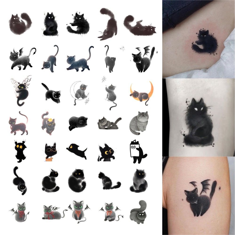 Schwarze Katze Tattoo Aufkleber dauerhafte gefälschte Tätowierung für Frau Mann Arm Punk temporäre Tätowierung niedliche Kunst Faux Tattoos wasserdichte Tatuajes – Detail 3