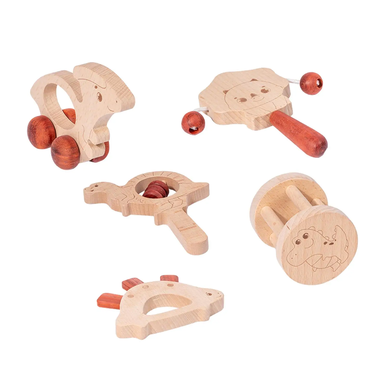 5Pcs Wooden Baby Toy Set Wood Car Early Learning Baby Rattle Wood Toy Rattles Montessori Toys for Babies Infant 6-12 Months