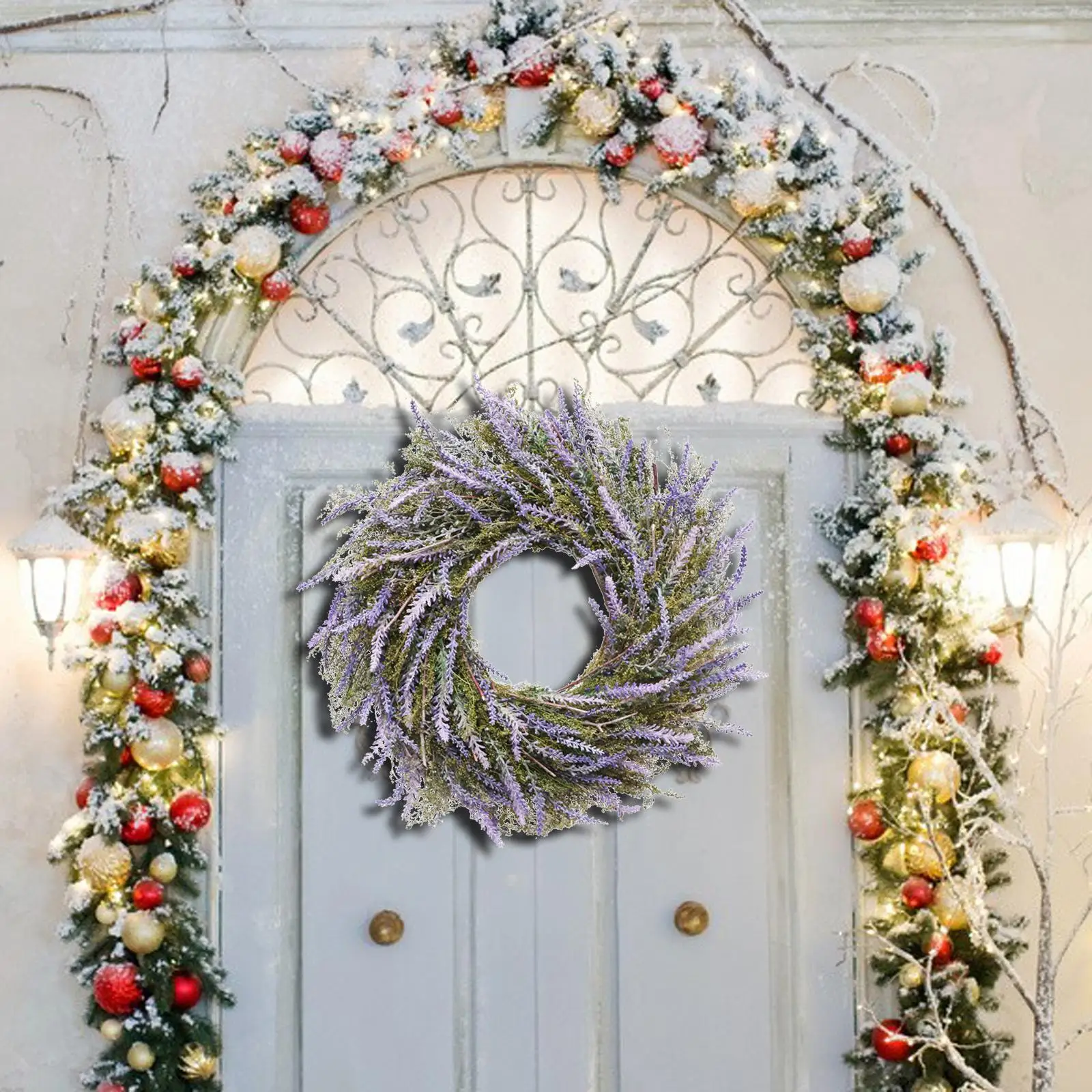 Artificial Lavender Wreath Flower Green Leaves Large DIY Wreath for Outdoor Front Door Indoor Wall Window Farmhouse Decor