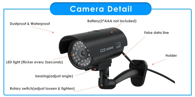 Cámara falsa de bala con energía solar, cámara de vigilancia CCTV con luz  LED roja intermitente y advertencia de seguridad pegatinas para uso en