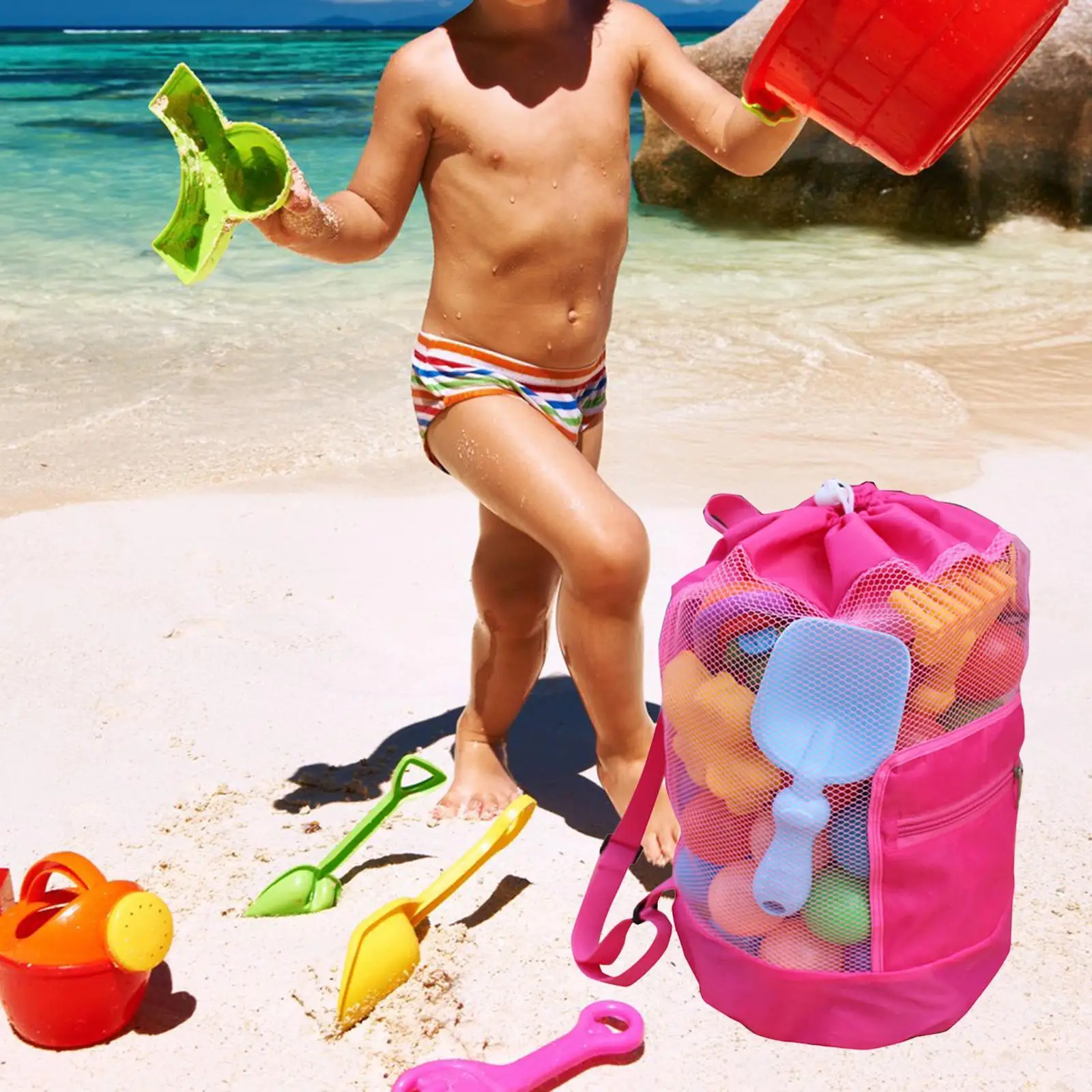 Beach Mesh Bag Tote Drawstring Beach Sand Toy Beach Storage Bag Beach Tote Bag for Outing Travel Holiday Picnic Accessories