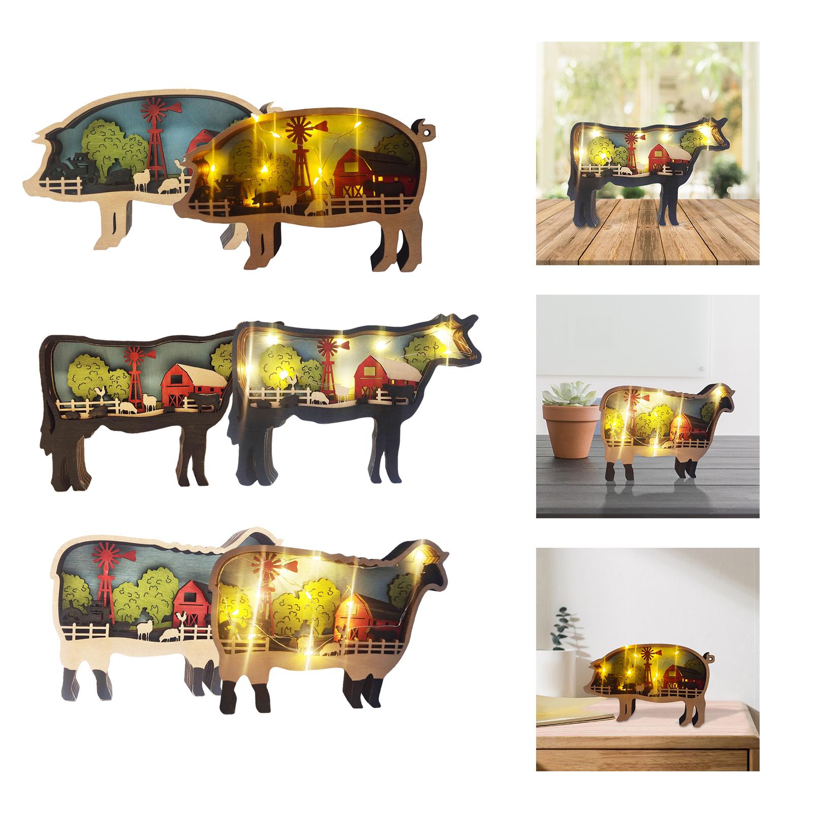 Wooden Animal Ornaments Wood Carving Layered Silhouette Pig/Sheep/Cow Statue