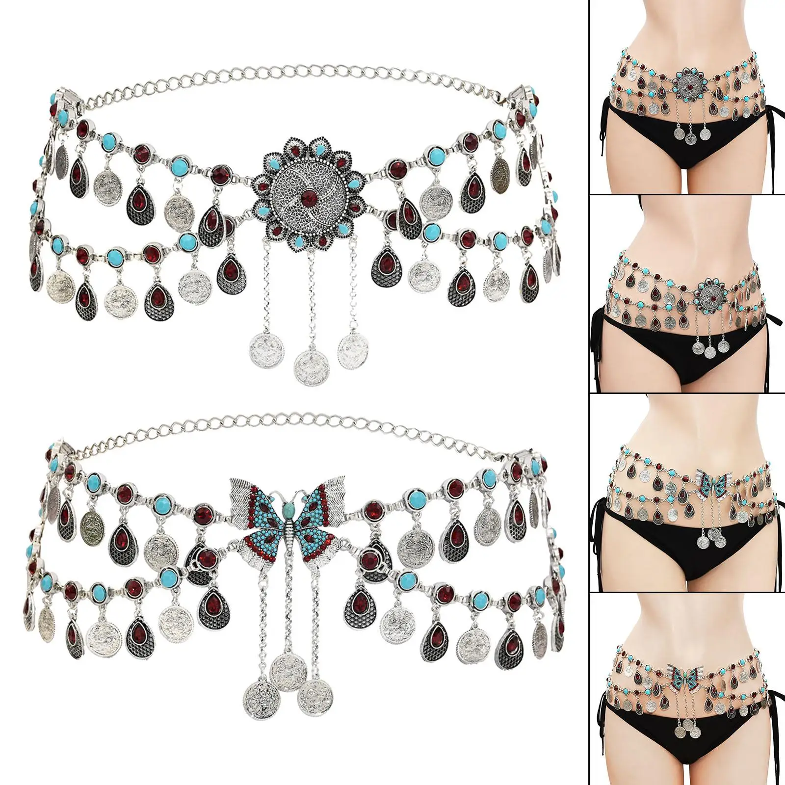 Belly Body Chain Waist Chain Jewelry Silver Color Coin Tassels Pendant Costume Rhinestone Turkish Gypsy Beach Belt for Women