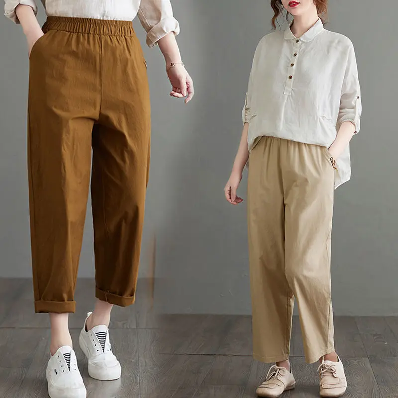 2022 Spring Summer Woman Fashion Elastic Waist Harem Pants Female Pockets Long Trousers Ladies Solid Color Loose Pants T31 women's fashion