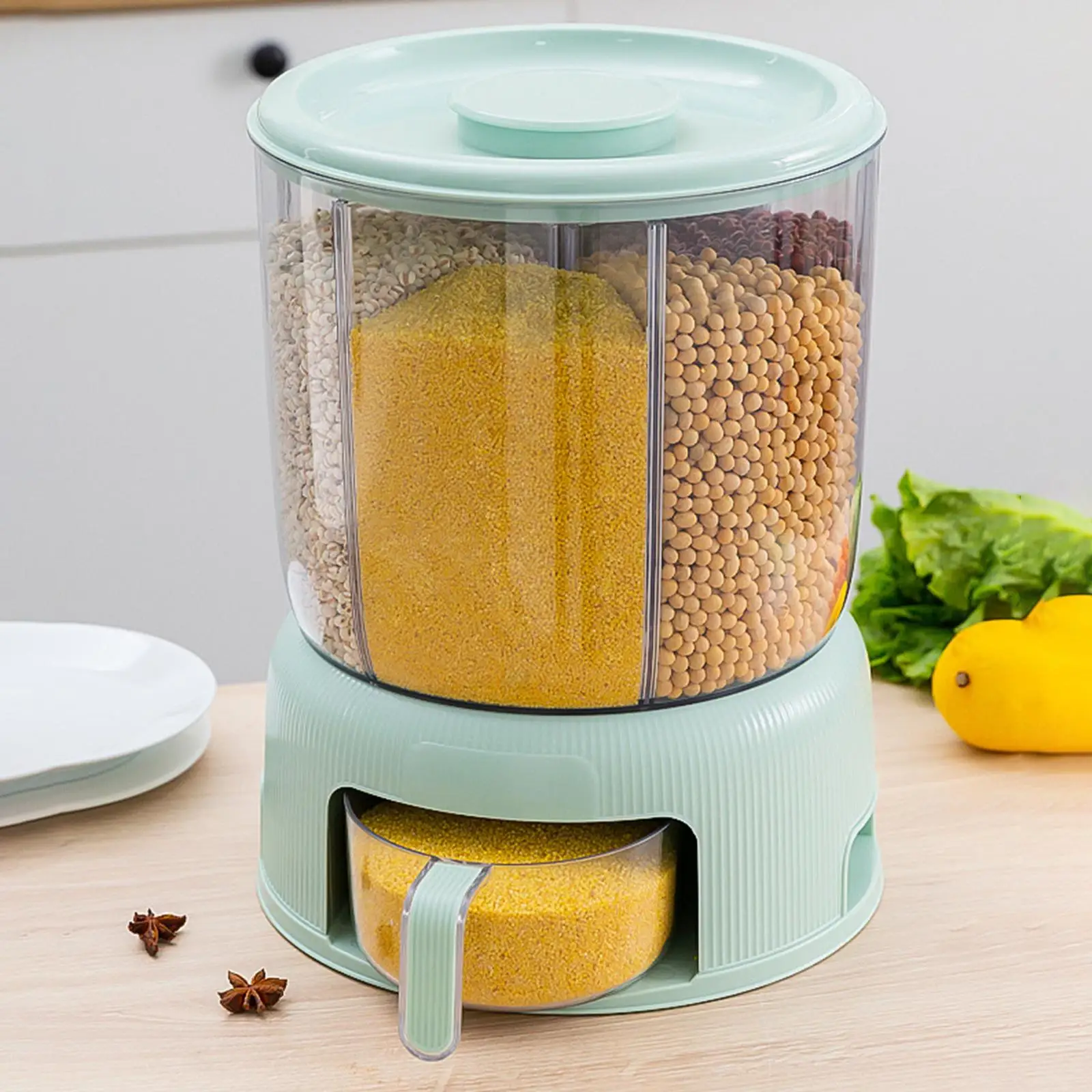 Rice Dispenser with Lid and Cup 6 Grid Dispensing Bin Grain Container Food Dispenser for Millet Corn Household