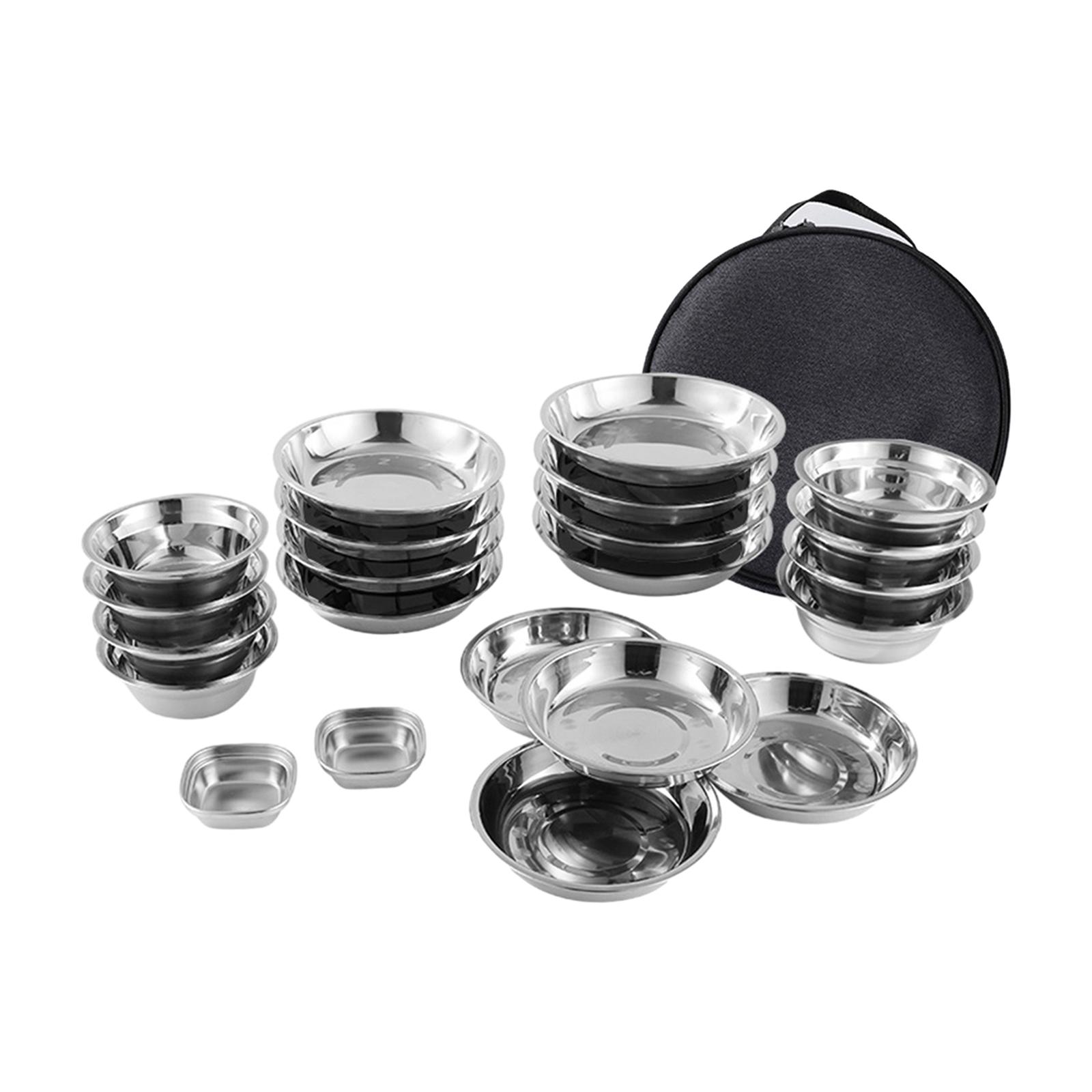 Stainless Steel Plates and Bowls Camping Set Tableware with Carrying Bag Camping Utensils Set for Travel Party Hiking Picnic BBQ