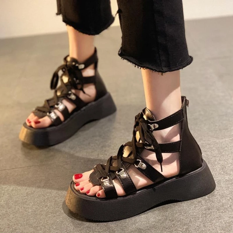 Cross Strap Sandals  Women’s Summer Back Zipper Designer Platform Sandalia Open Toe womens Shoes Vegan PU Faux Leather Gladiators Elegant Party Footwear for Woman in black