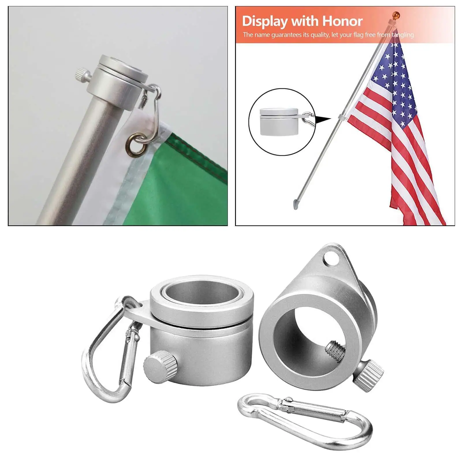 2x Flag Pole Rings Clip Grommet Flagpole Mounting Rotating with Carabiner