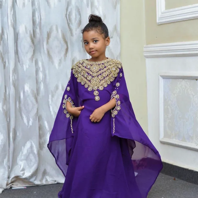 Dubai Girls Dress Kids Abaya Moroccan Caftan Kids Purple Dress