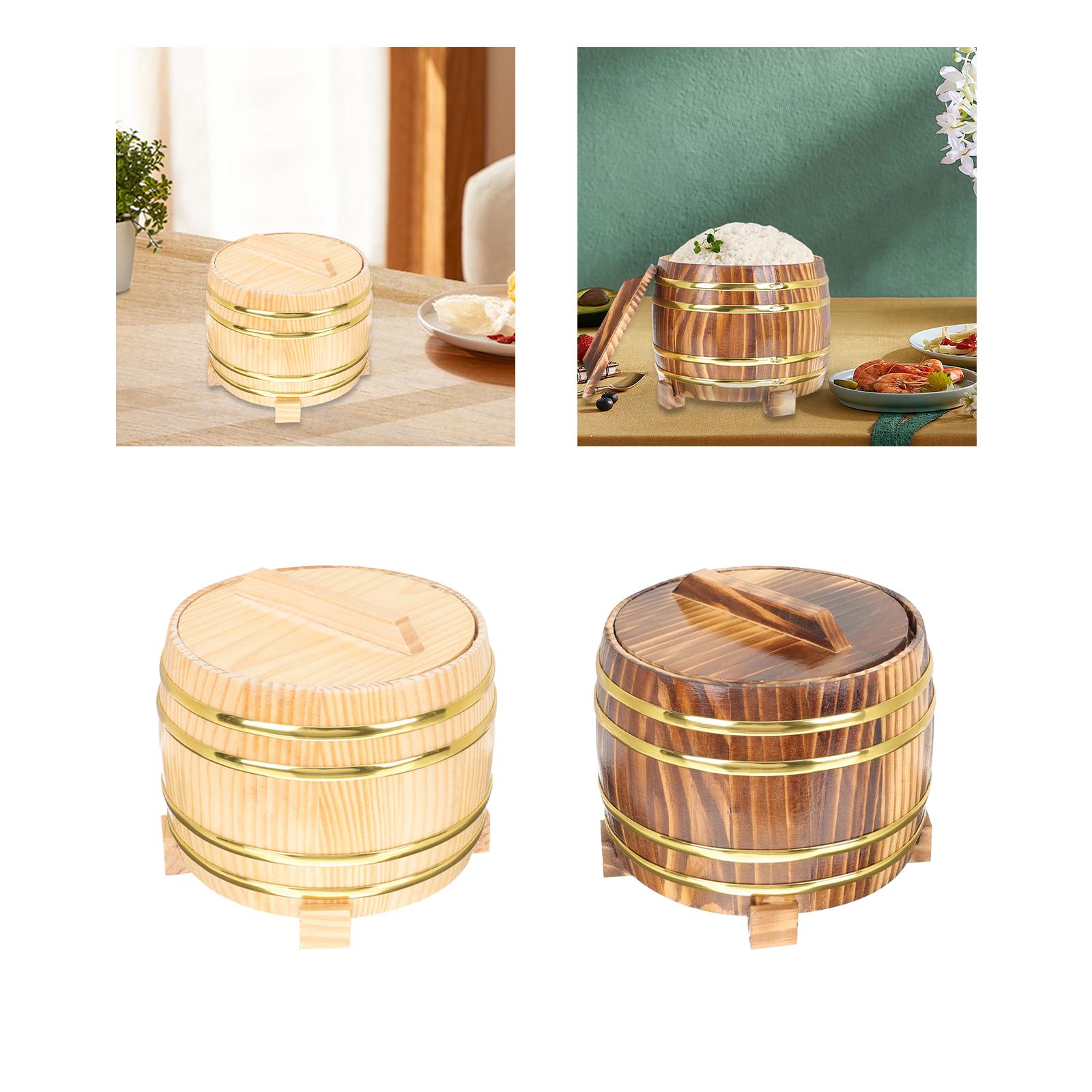 Wooden Sushi Barrel 16cm Rice Steamed Cask Wooden Rice Bowl Multifunction with Lid Simple Using Mixing Pot Container Barrel