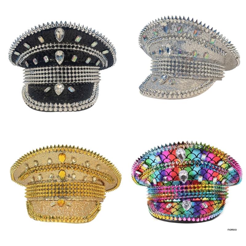Strass-Militärhut für Erwachsene mit Nieten, Karneval, Partyhut, Musikfestivals für Erwachsene, Kapitänshut, Geburtstagshut für – Detail 1
