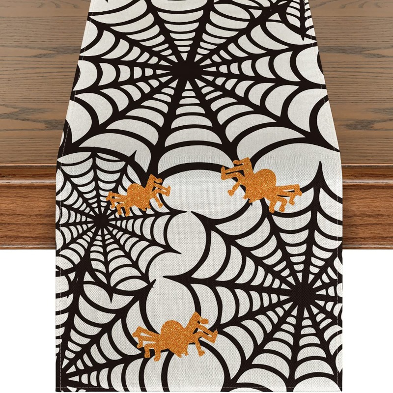 Description Picture 2 of itemLinen Halloween Table Runner Pumpkin Spider Web Skull Dining Table Decoration Scary Table Cover for Halloween Dinner Party Decor