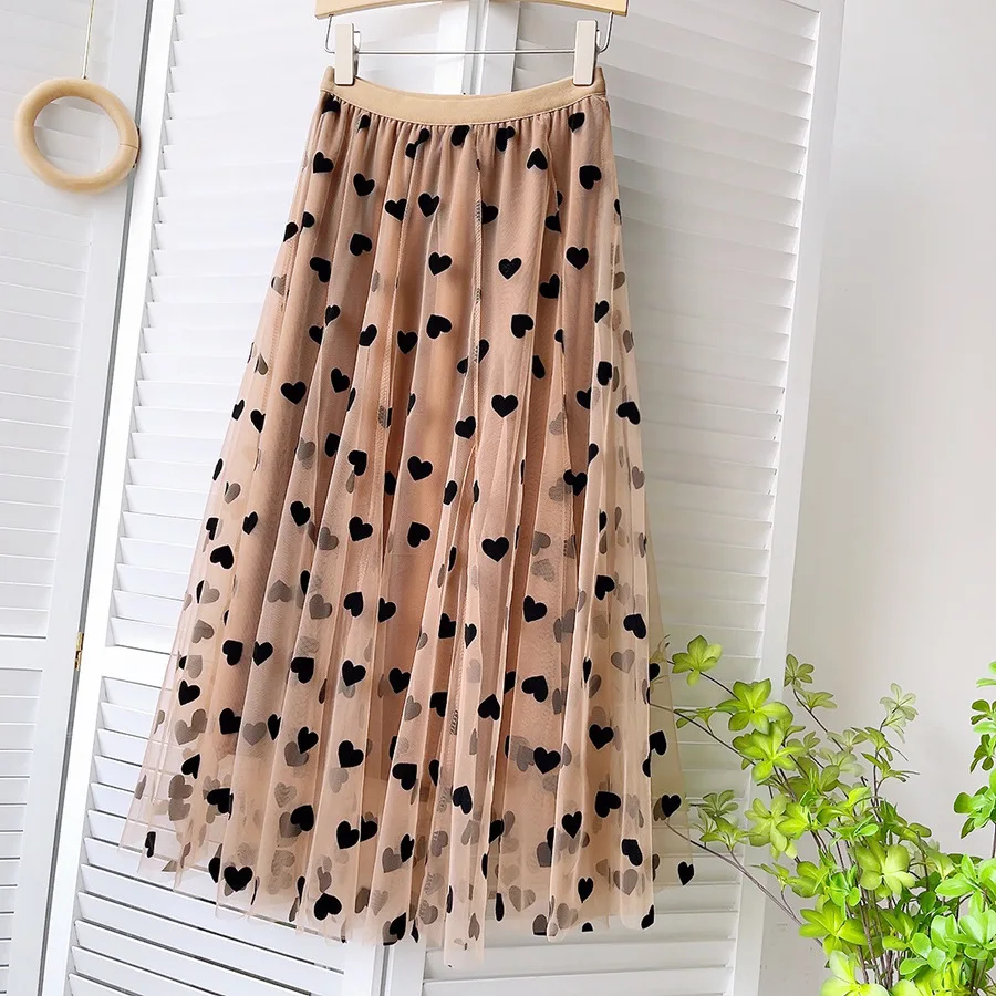Vintage High Waist Love Heart Print Tulle Skirt A-line Mesh Tutu Skirts Womens 2022 Spring Summer black midi skirt