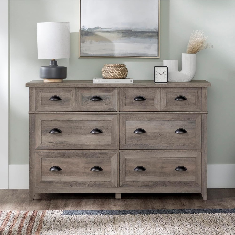 Description Picture 4 of itemDressing Table Grey Wash Make Up Table Hazel Modern Farmhouse 6 Drawer Framed Dresser With Half-Moon Handles 52 Inch Vanity Desk