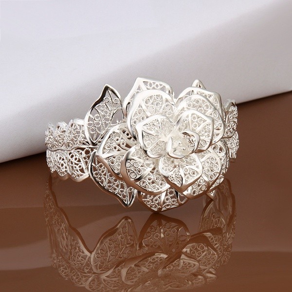 925 Sterling Silver jewelry bangle Hot engagement exquisite retro charm hollow big women lady flowers openings bracelet