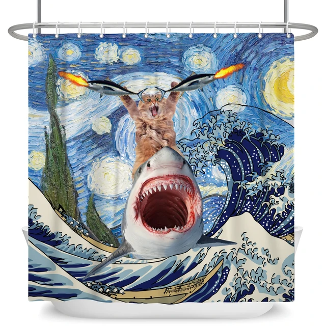 ZXMBF Funny Dog Corgi Riding Shark Shower Curtain Ocean Sea Waves Seagull  Animal Surfing for Kids Boy Men Hilarious Fun Waterproof Fabric Bathroom