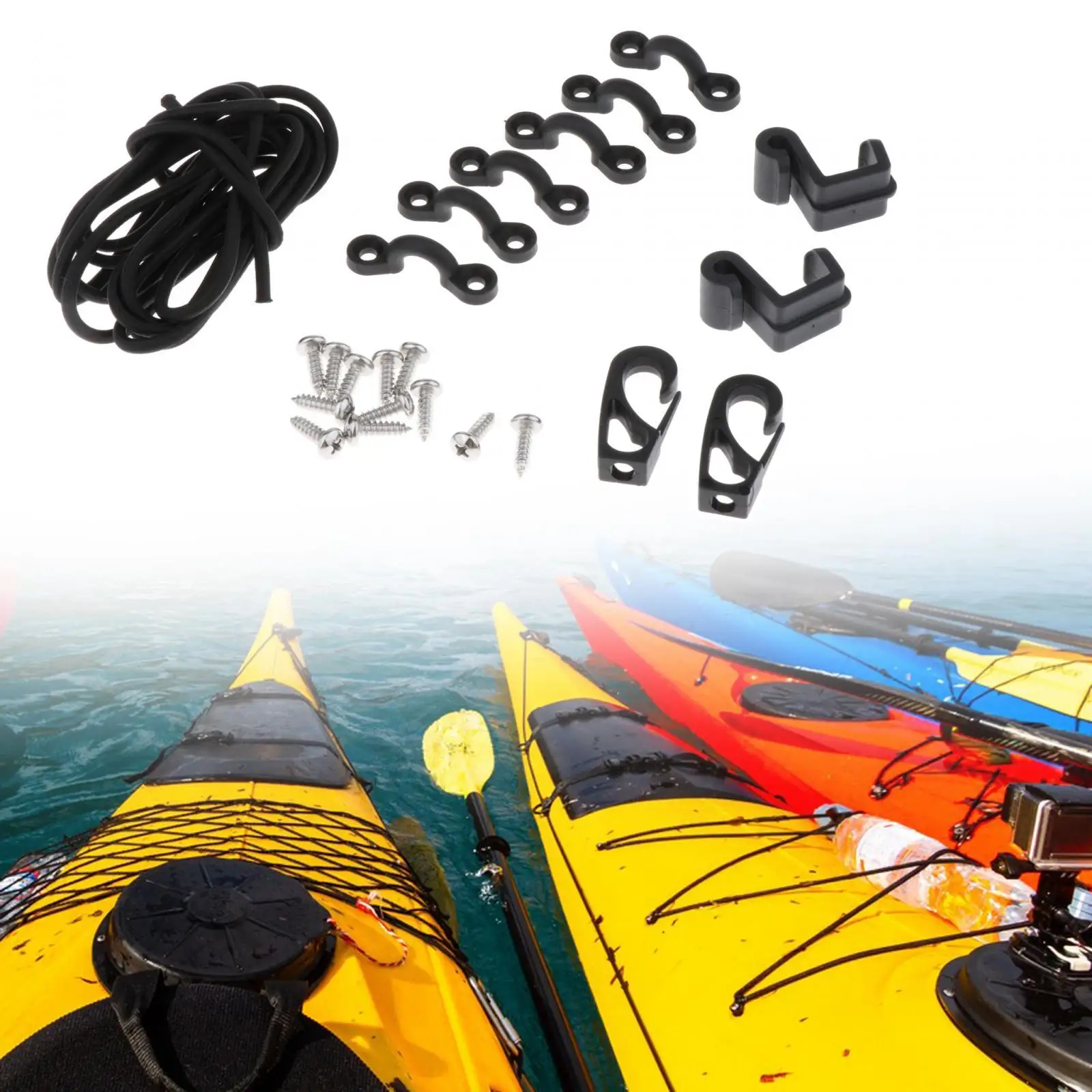 Deck Rigging Set Boat Canoes Kayak Rigging Boat Premium Kayak Accessories with 12 Screws Tie Down Pad Eye with Bungee Cord Hooks