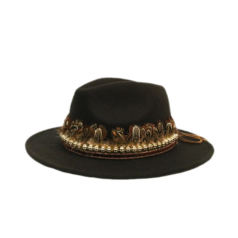 cream fedora hat Retro  Feather Skull Head Leather Band Women Men Vintage Wool Felt Wide Brim Cap Fedora Panama Jazz Bowler Hat  (54/57/61cm fedora hat men