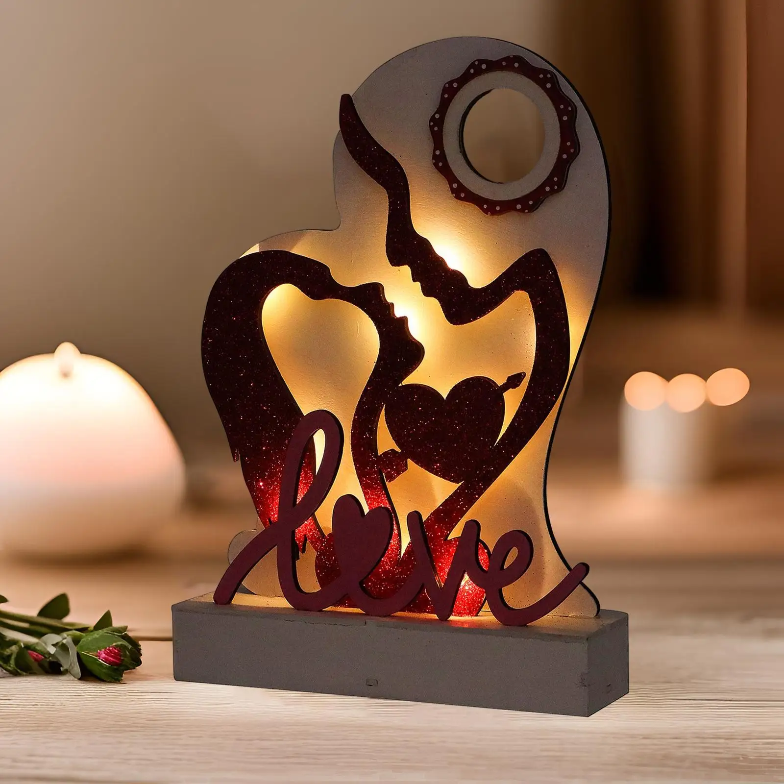 Valentine Decoration Wood Couple Silhouette with Light for Engagement Sturdy