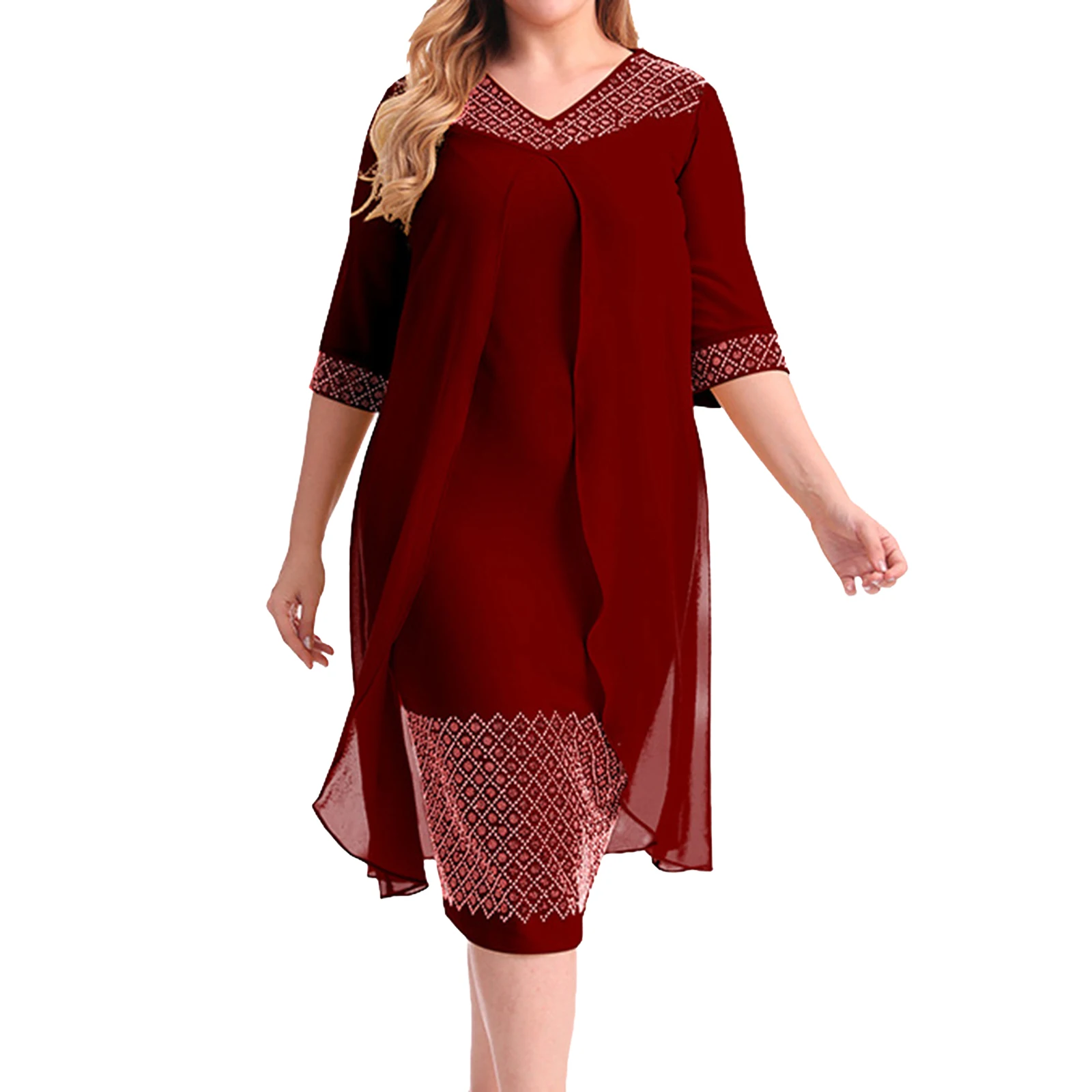 Women 2023 New Lady Elegant Knitting Lace Cape Dress Plus Size Fashion  Printing Oneck Half Sleeve Pencil Dresses Women's Casual Dress Red XXXXL 