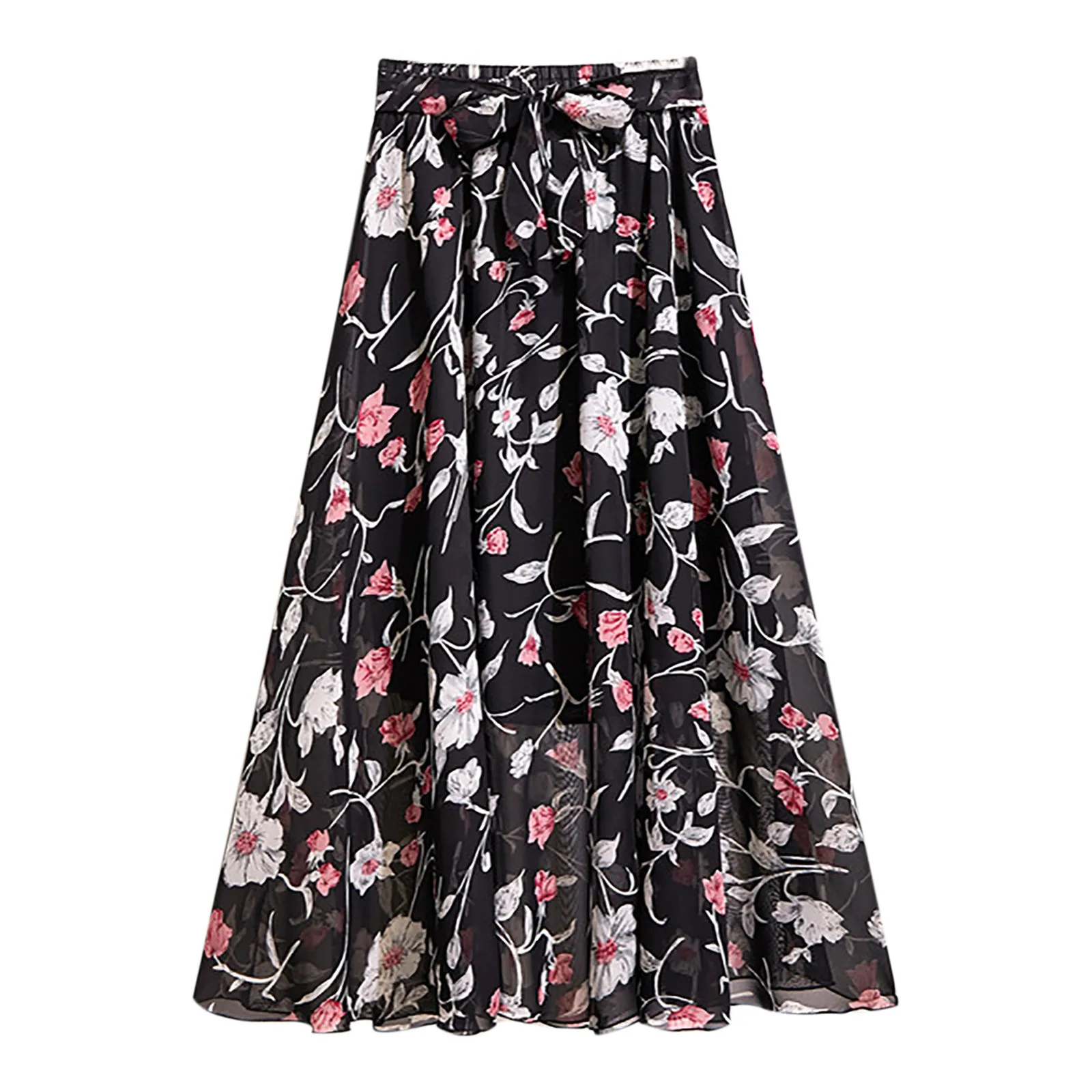 Mid-length Bohemian Beach Women's Skirt Waist Dress Chiffon Floral High Skirt skirt jupe black leather skirt