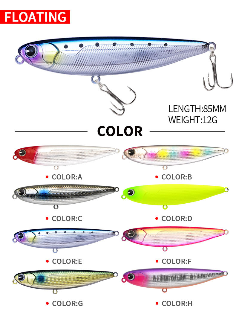 Description Picture 3 of itemPencil Fishing Lure for Bass, Artificial Hard Bait, Floating Popper, Dog Walking Wobblers, Top Water, New Tackle, 8.5cm, 12g