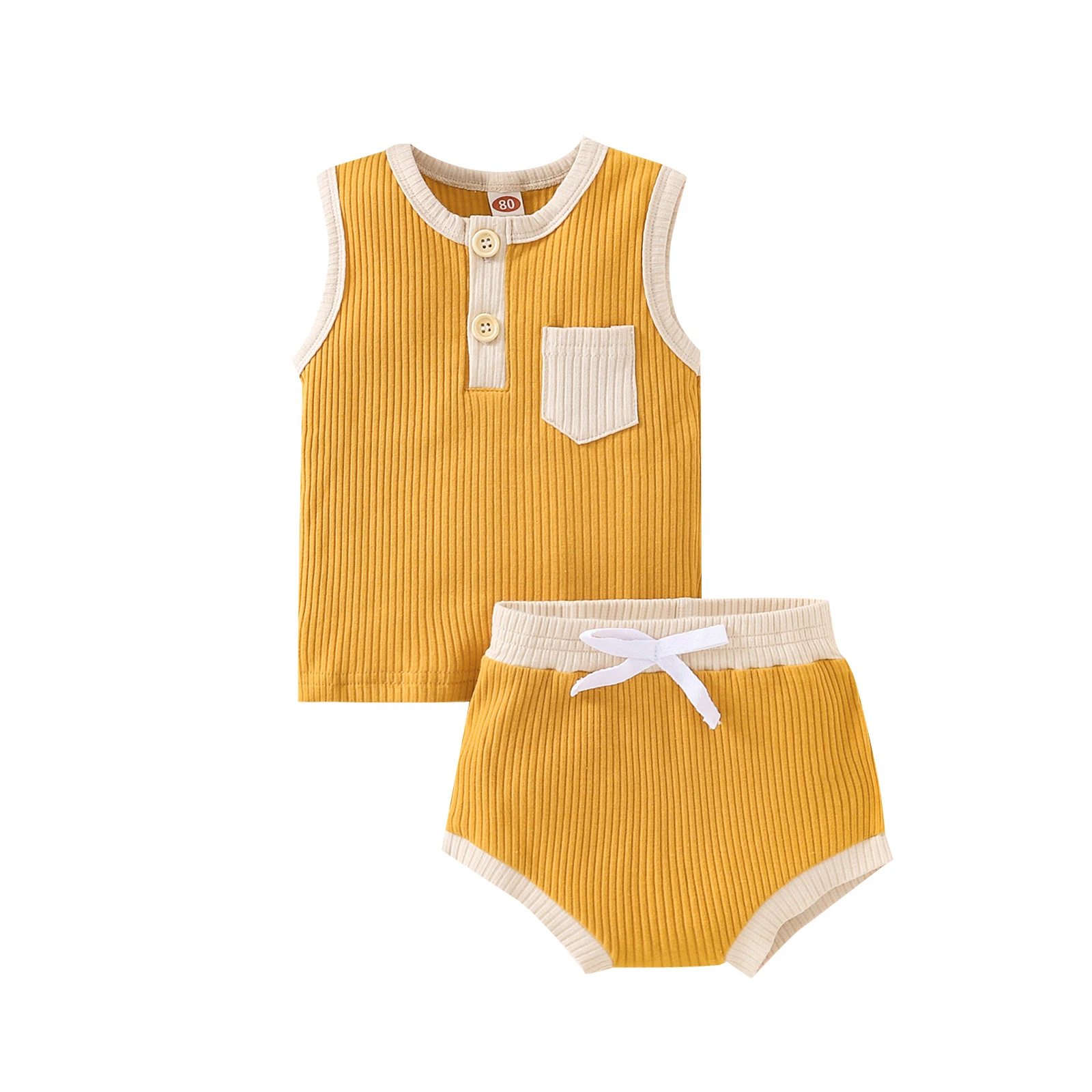 Baby Clothing Set best of sale Summer 2022 Infant Boys Girls Suit Sleeveless Pocket Patchwork Top Bandage Triangle Shorts 2pcs Baby Clothing baby outfit matching set