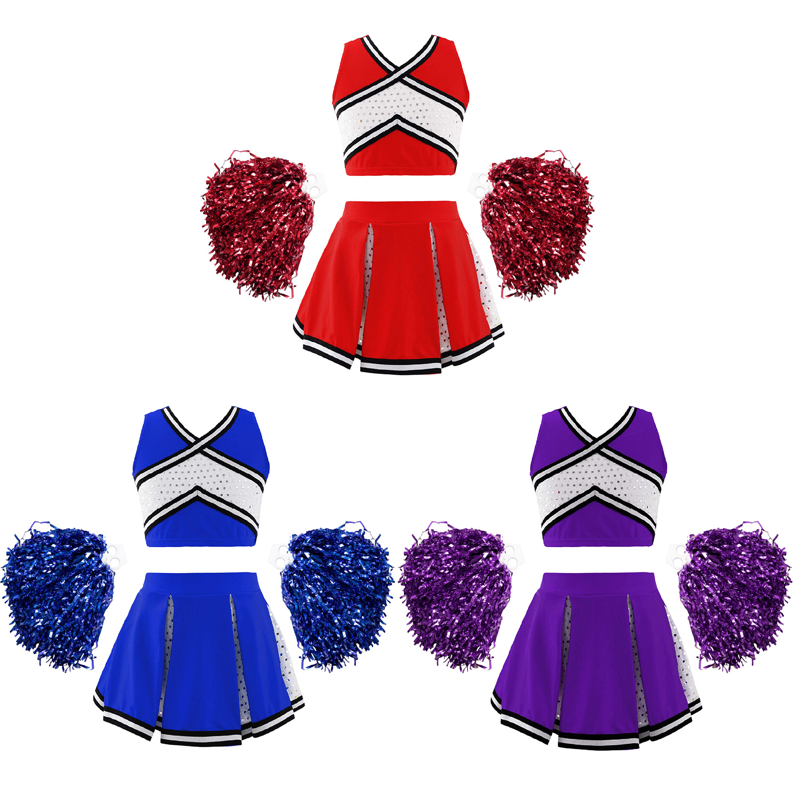Description Picture 2 of itemKids Girls Cheerleading Uniform Dance Costume Striped Front V Neckline Top with Pleated Skirt and 2Pcs Flower Balls Outfit