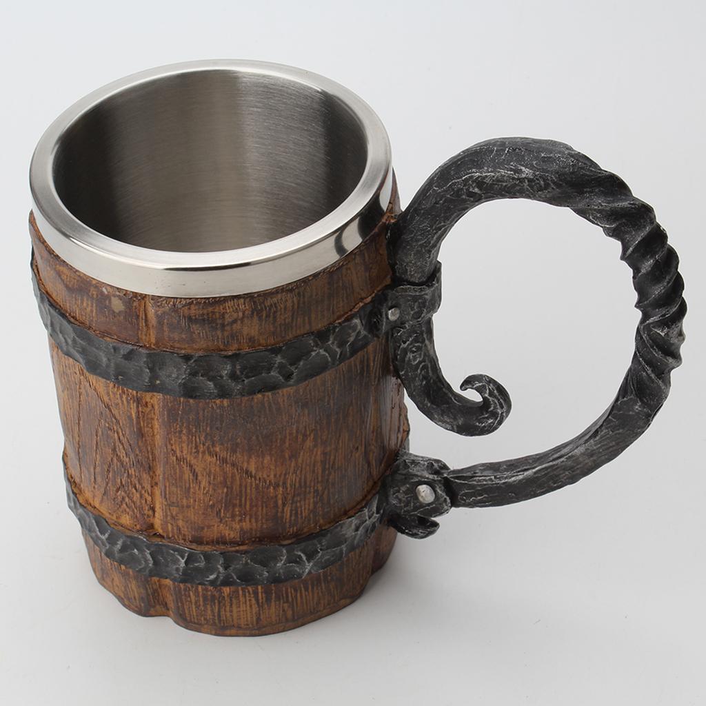 Retro Imitated Wooden Resin Beer Mug Steel Coffee   Tea Cup Pub Bar Decors