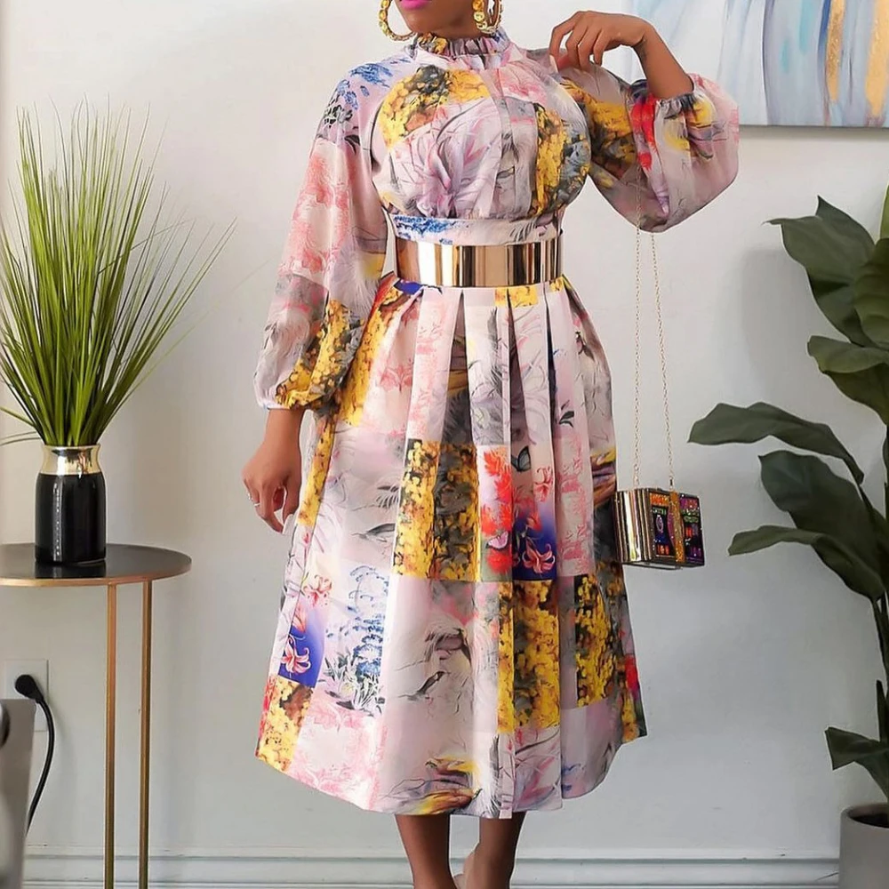 Floral Printed A Line Pleated Long Lantern Sleeves Dress with Gold Belt 22