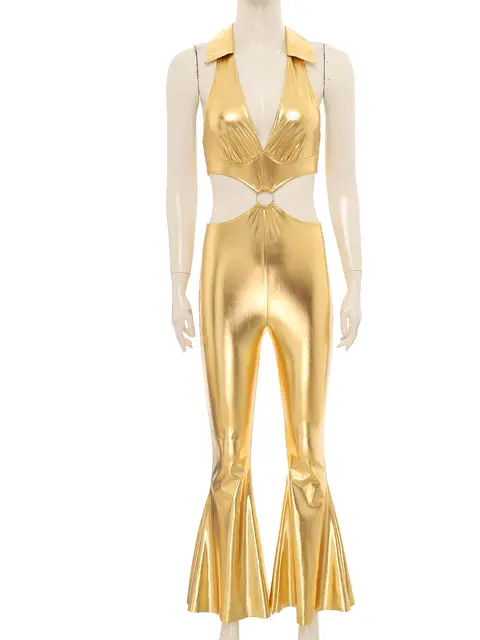 Womens Clubwear Deep V Neck 70s Disco Costume Performance Jumpsuit Halter  Shiny