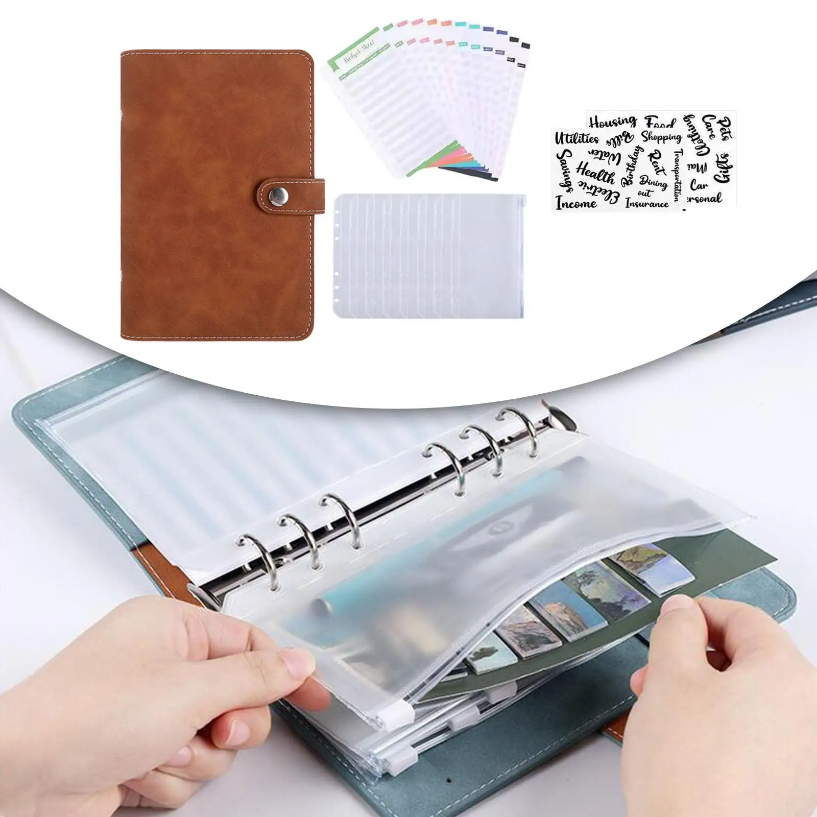 PU Leather Notebook Binder Budget Planner Organizer Loose-Leaf Cover Envelopes Binder Wallet Notebook Planner for Budgeting