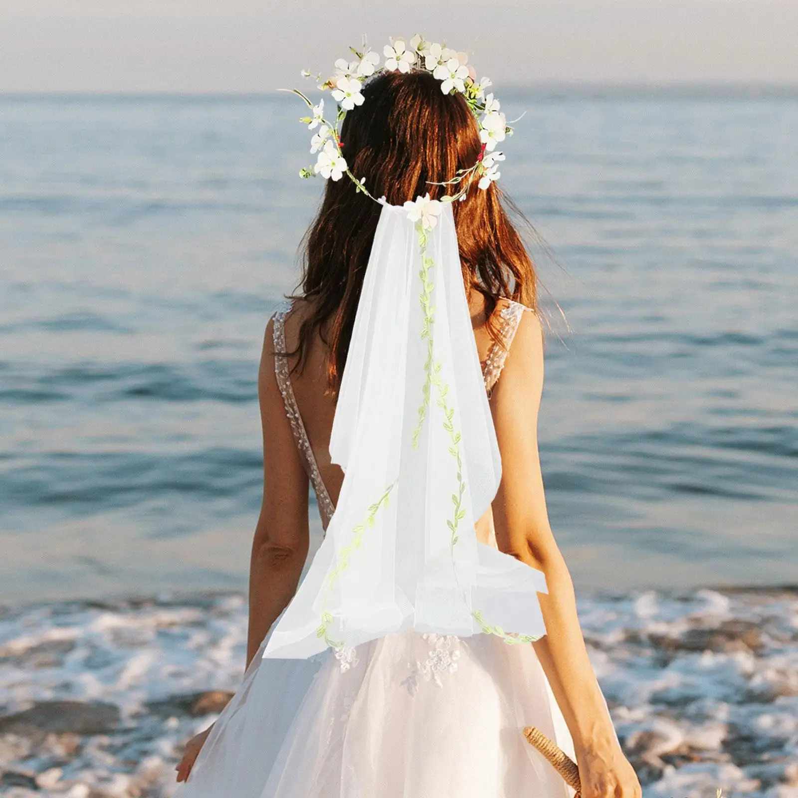 Floral Garland Veil Hair Accessories Boho Decor Wedding Bridal Veil for Bridesmaid Festival Party Favor Gift Women Beach