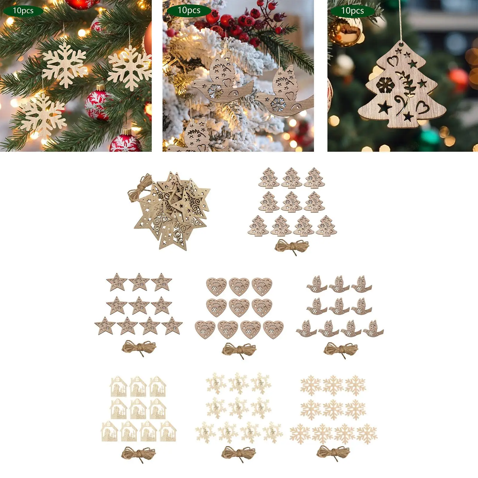 10Pcs Unfinished Wooden Cutouts Christmas Wood Slices for DIY Craft Projects