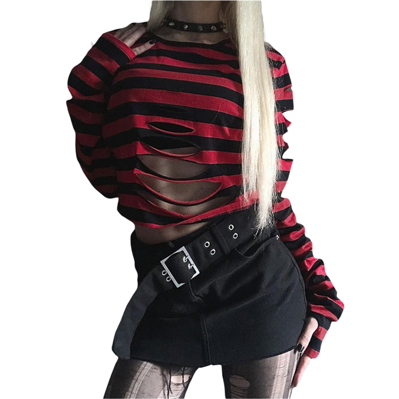 Camiseta Cyber Punk Y2K de los años 2000 para mujer, de rayas, cuello redondo, manga larga, con agujero, ropa gótica, camisetas E-girl, ropa de calle