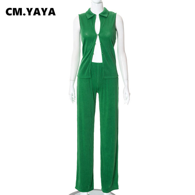 CM.YAYA Women's Set Sleeveless Shirt Tops and Wide Leg Pants Suit Pleated  Tracksuit Two Piece Set Sweatsuit Fitness Green Outfit