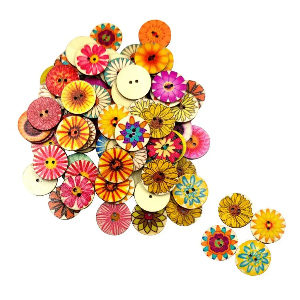 100Pcs Decorative Wooden Buttons Patterns Sewing Findings Buttons 2 Holes Craft Buttons for Arts, crafts, Decoration, Sewing