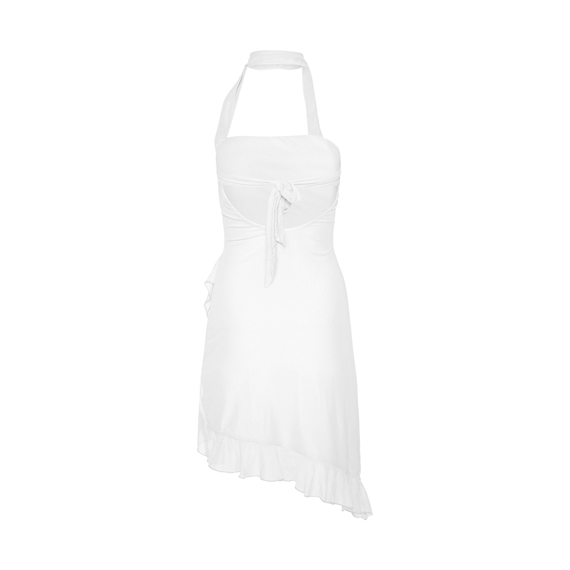 Ruffled Dresses for Women Summer Solid Color Sleeveless Halterneck Backless Irregular Hem Midi Dress y2k Party Dress