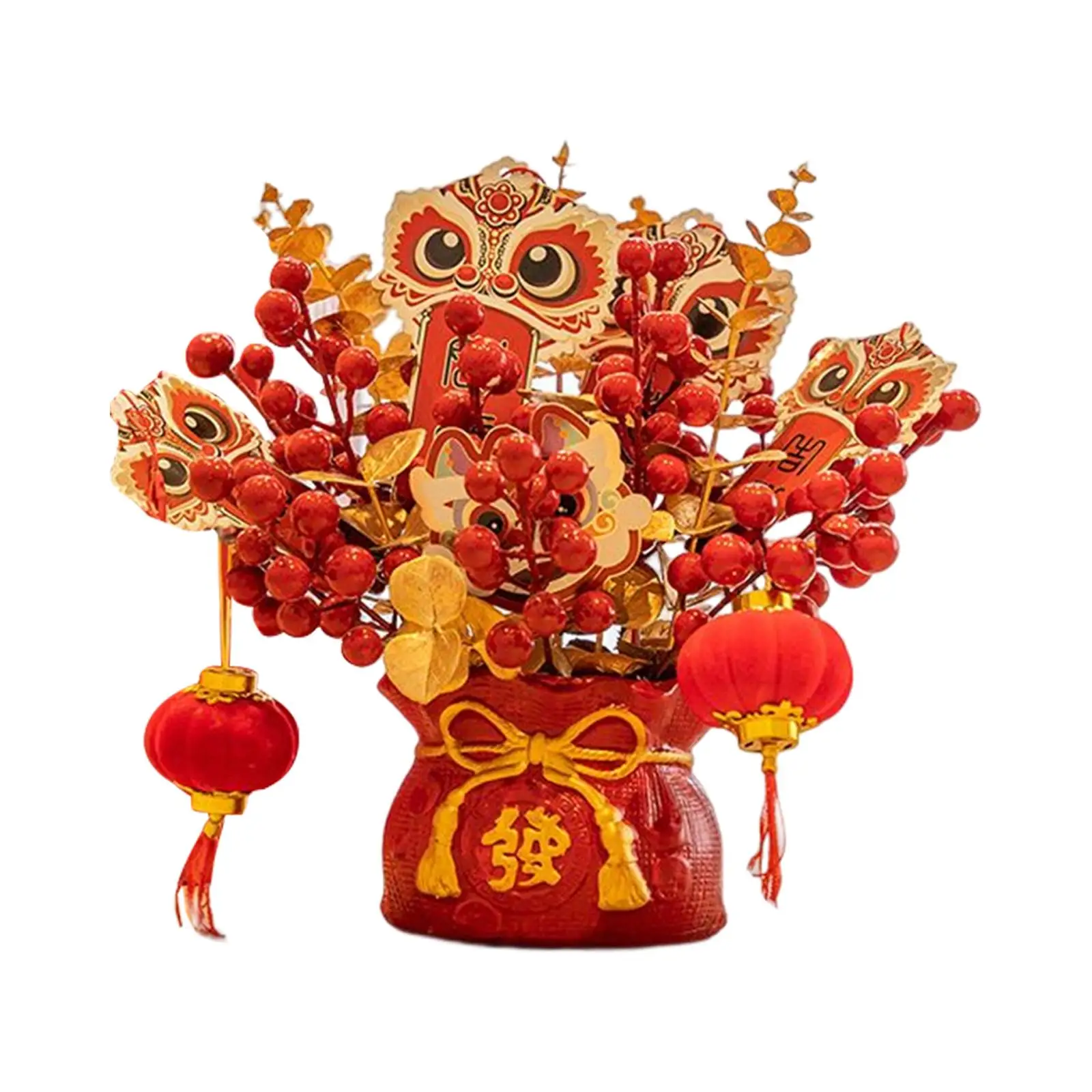 Artificial Potted Flower Table Centerpiece Planters Lion Lantern Ornaments Metal Eucalyptus Vase for Home Holiday Indoor Office