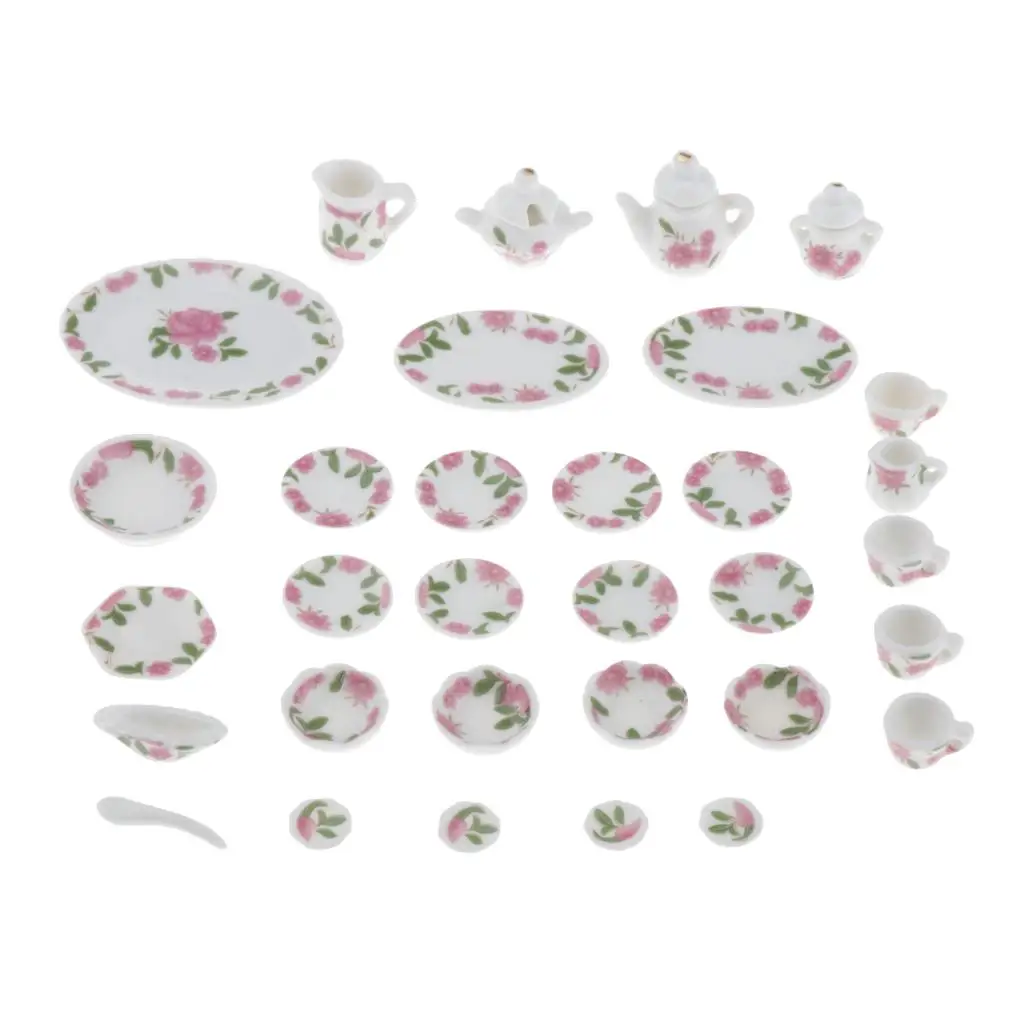 1/12 Dollhouse Miniature Tea Set in 27 Pcs, Flower Porcelain Classic  Set with Tray Pot, for Dollhouse Kitchen Accessories