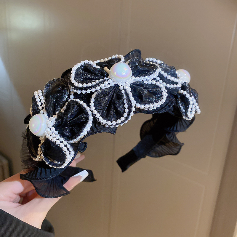 Perlenblumen-Mesh-Haarbänder mit breiter Krempe für Frauen, leichtes, luxuriöses Temperament, großes Stirnband, Charms, Haar-Accessoires – Detail 10