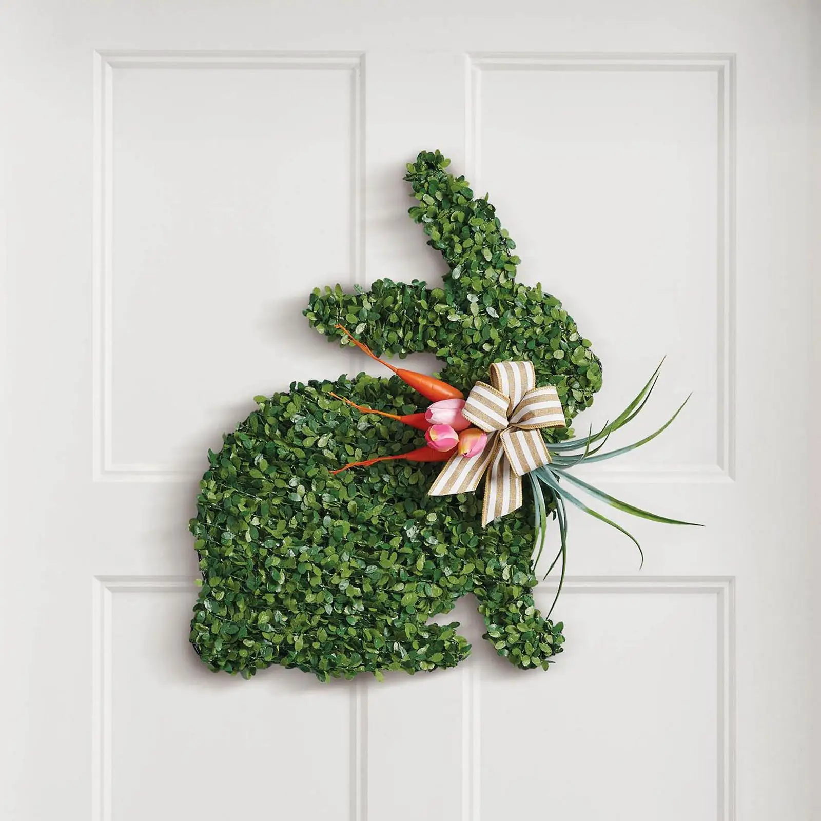 Easter Bunny Wreath Green Leaves Wreaths Striped Bowknot for Farmhouse Decor