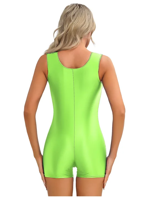 Womens Oil Shiny Athletic Spandex Bodysuit Dance Unitard Boyleg
