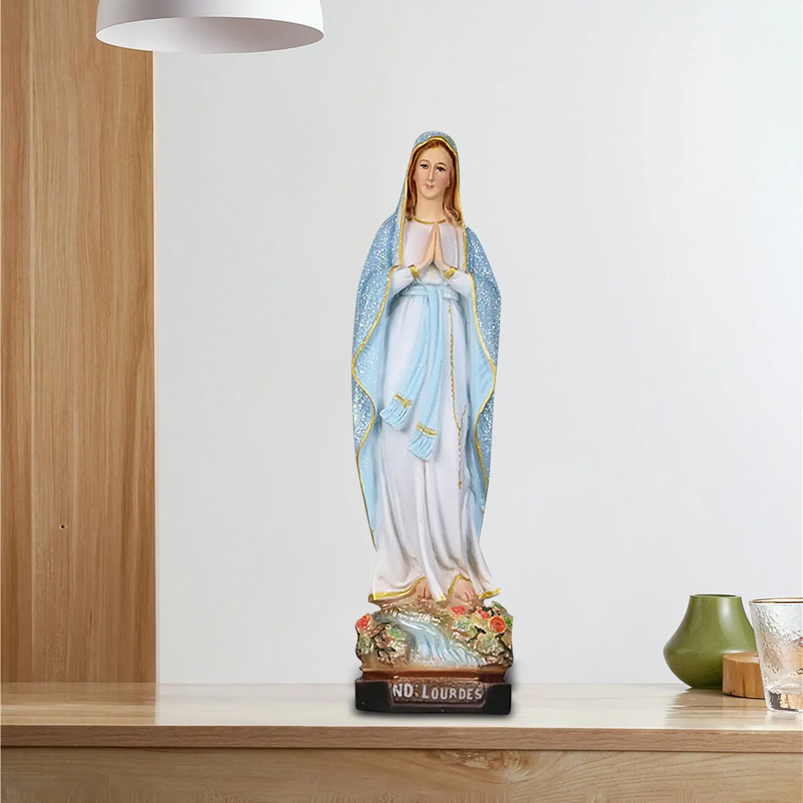 Mother Mary Figurine on Base Statues Worship Praying Religious Resin Décor for Bedroom Tabletop Living Room Home Desk