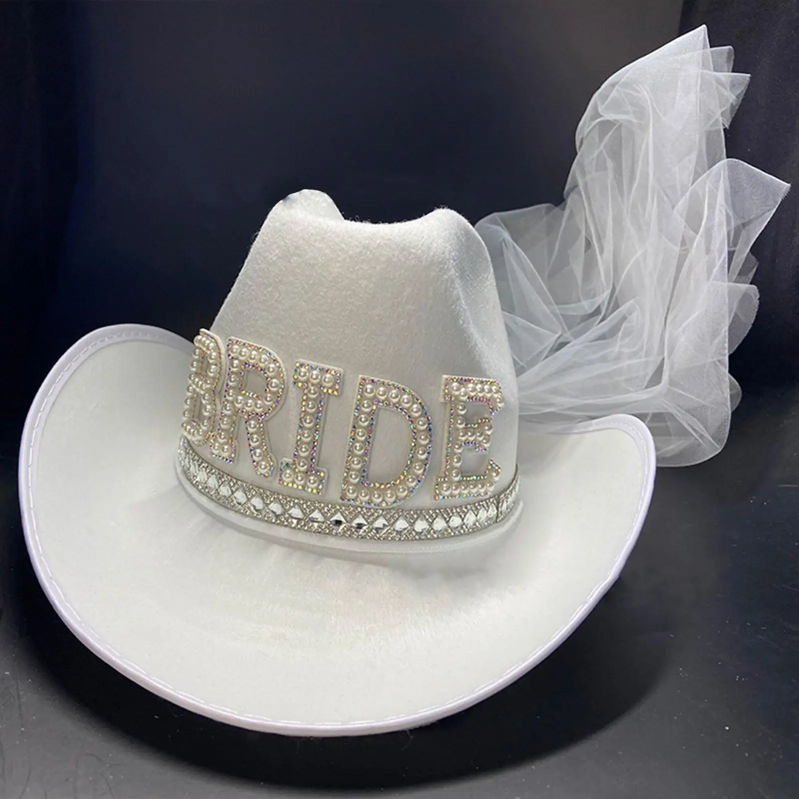 Western Style Rhinestone Bride Veil Cowboy Hat Fancy White Girls Adult Sun Hats for Cocktail Pretend Play Bridal Wide Brim Hat