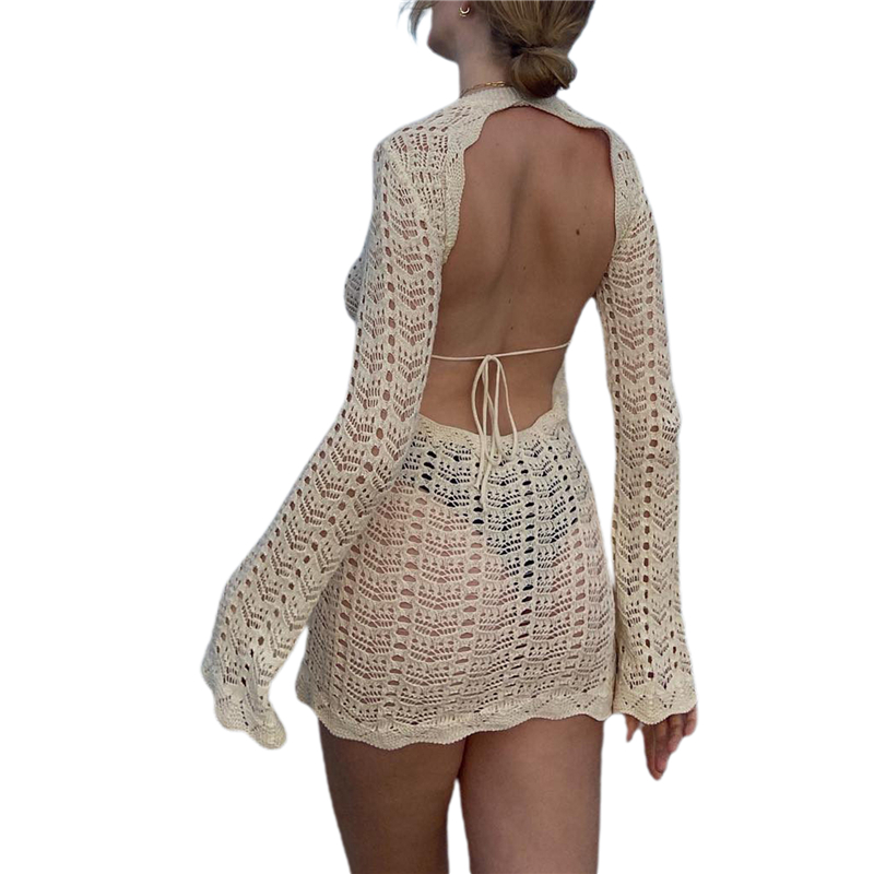Crochet Dress Women Long Sleeve Cover Up Beach Backless Wrapped Dress Club Party Clothes y2k Bohemian Knitted Dress