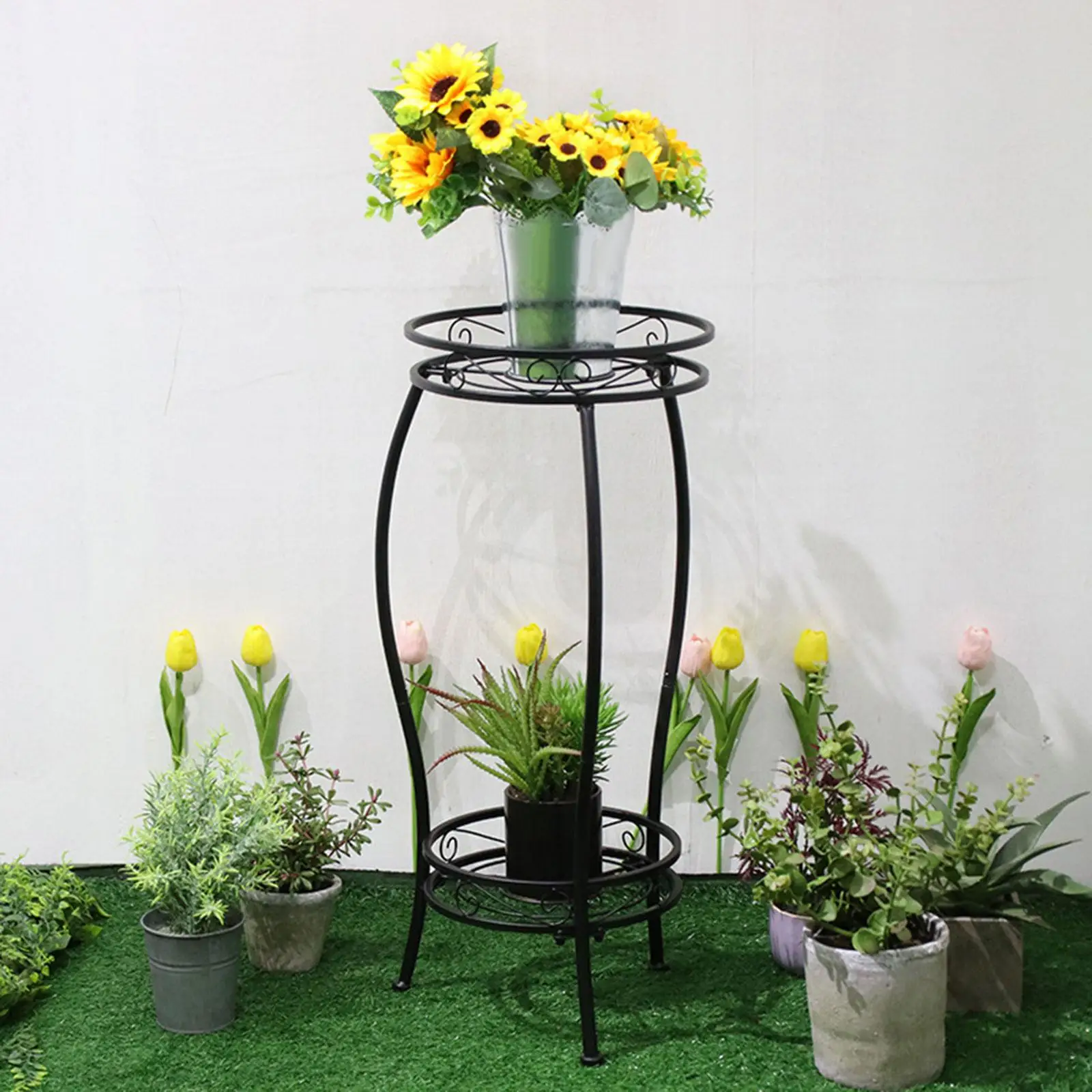 Flower Pot Stand Wrought Iron Potted Display Shelf Flower Pot Holder 2 Tier Flower Rack for Living Room Corner Indoor Outdoor