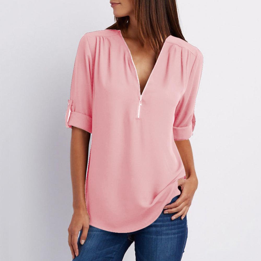 Title 15, Casual Office Lady Blouses Sexy Solid Color Zip...