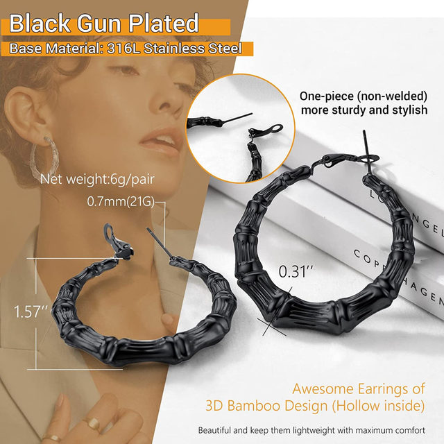 Bamboo Hoop Earrings Diameter 40mm/60mm/80mm for Women Stainless